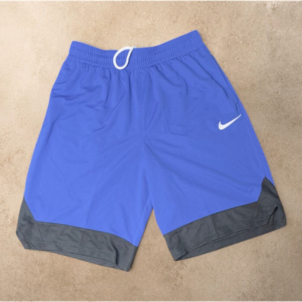 Nike Men's Blue Athletic Shorts with Black Hem and White Swoosh